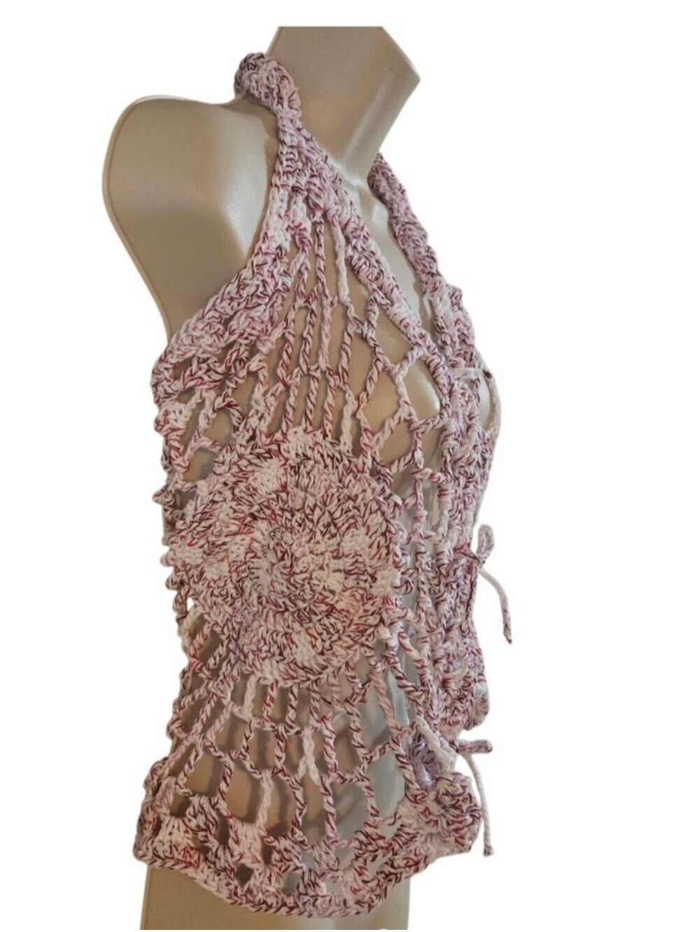 Handmade Crochet Open Work Top One Of A Kind Shaded Crimson 100% Cotton Versatil - Picture 9 of 16